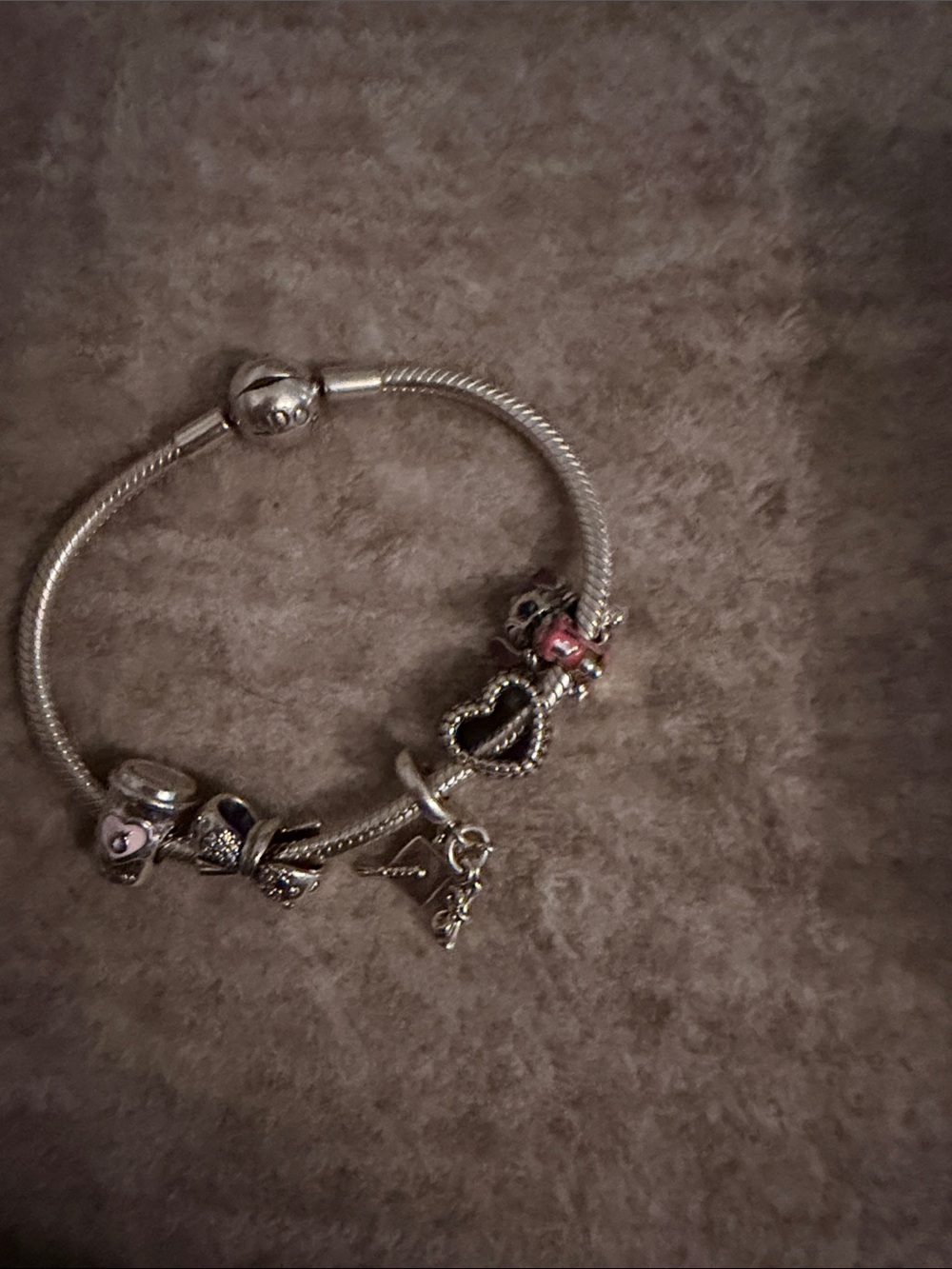 Pandora Silver Charm Bracelet with Pink Accent and Heart Charm